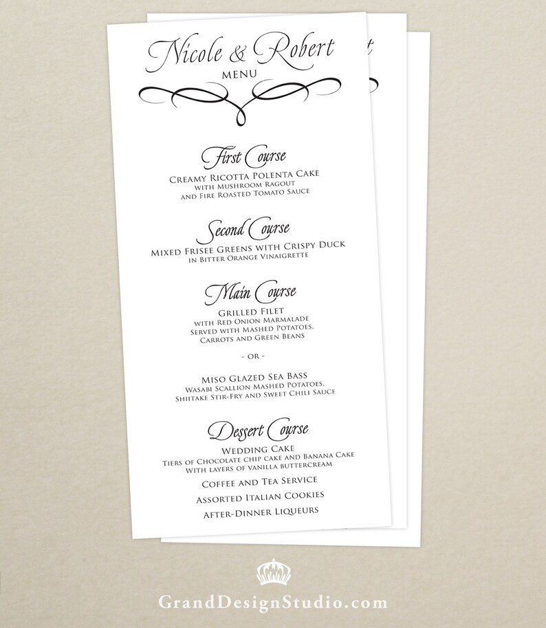 Script Custom Colors Available Classic Elegant Wedding Reception Dinner Menu Personalized Wedding Menu Card