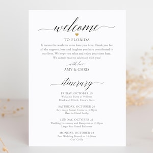 Tarjetas de itinerario para bodas - Bolsa de bienvenida del hotel - Horario impreso - Boda de destino - Tarjeta de bolsa de bienvenida - Agradecimiento - Fin de semana de bodas