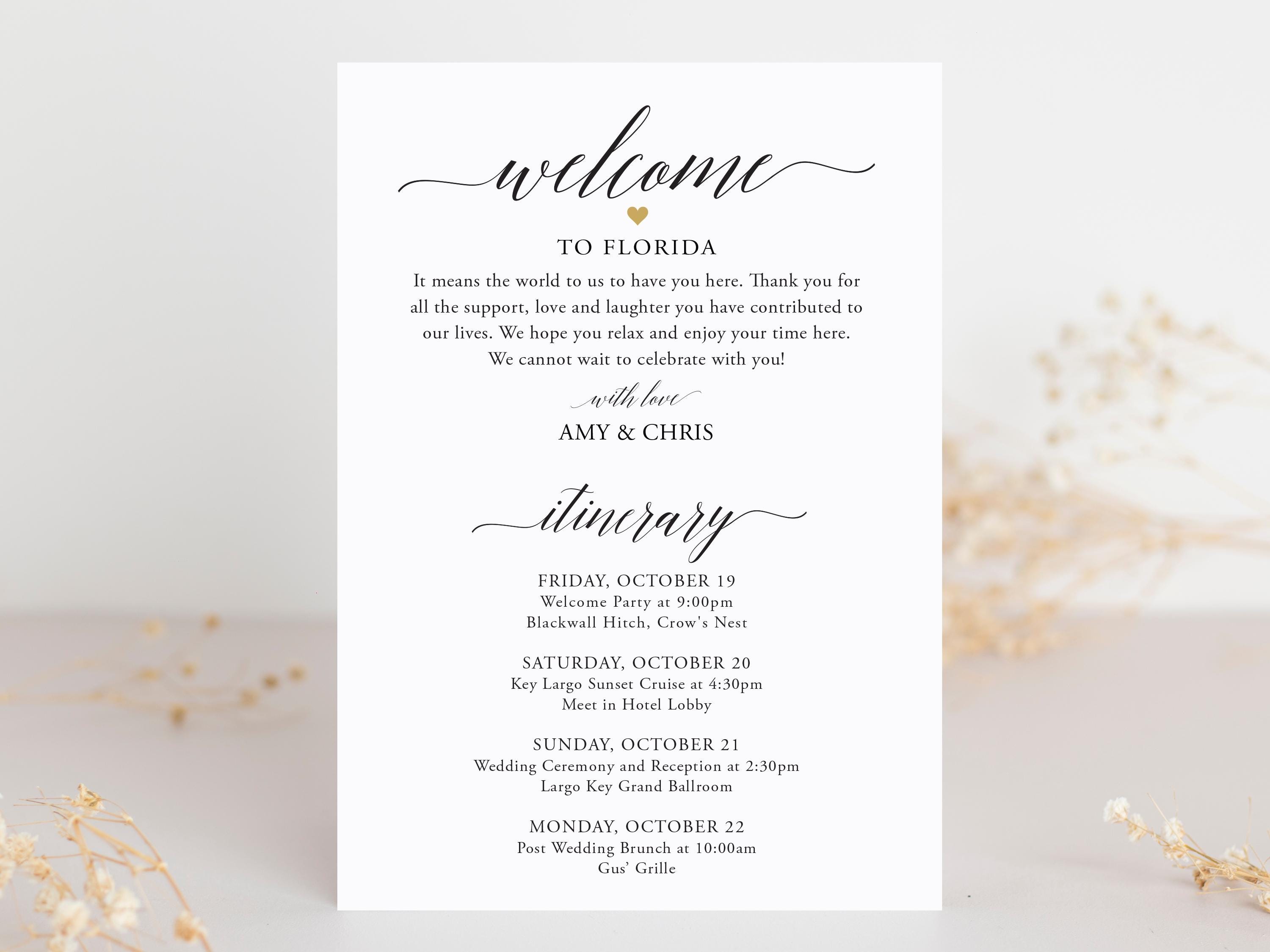 Itinerary Cards for Wedding Hotel Welcome Bag - Printed Schedule 