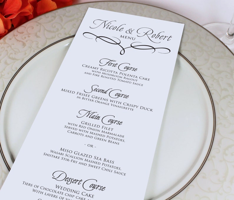 Script Custom Colors Available Classic Elegant Wedding Reception Dinner Menu Personalized Wedding Menu Card