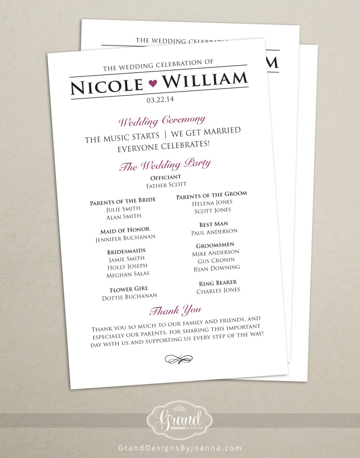 Modern Wedding Program - Single-sided Flat Program - Personalized ...