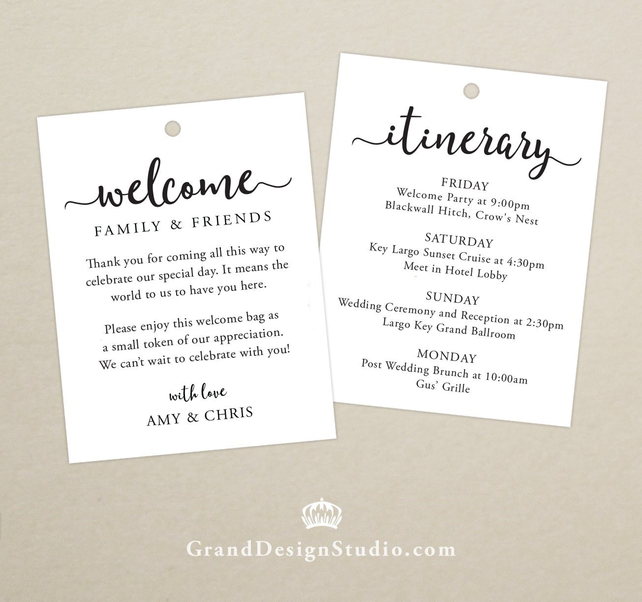 Wedding Itinerary Welcome Bag Tag (SET OF 10) - Script Gift Tags for Wedding Hotel Welcome Bag - Destination Wedding Tags - Thank You