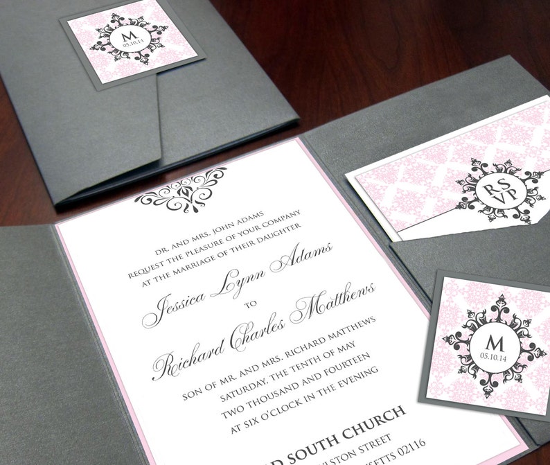 Wedding Invite RSVP Included Luxury Invitation Set Custom Invitation Pocket Wedding Invitation with Monogram Damask Pocketfold