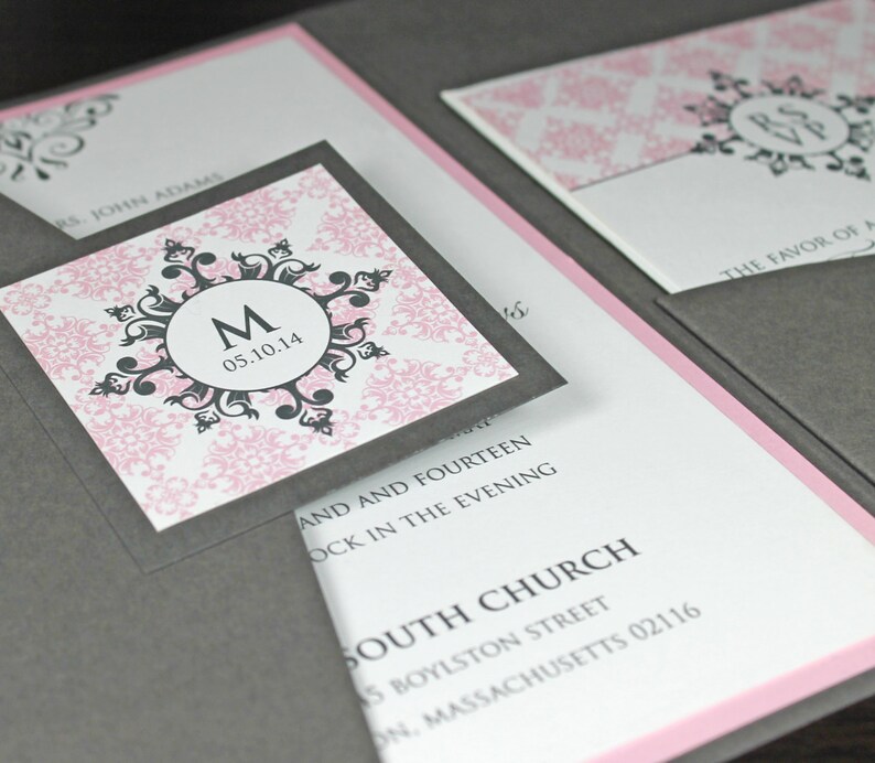 Wedding Invite RSVP Included Luxury Invitation Set Custom Invitation Pocket Wedding Invitation with Monogram Damask Pocketfold