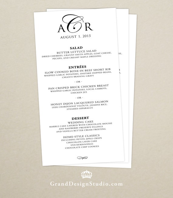 Script Custom Colors Available Classic Elegant Wedding Reception Dinner Menu Personalized Wedding Menu Card
