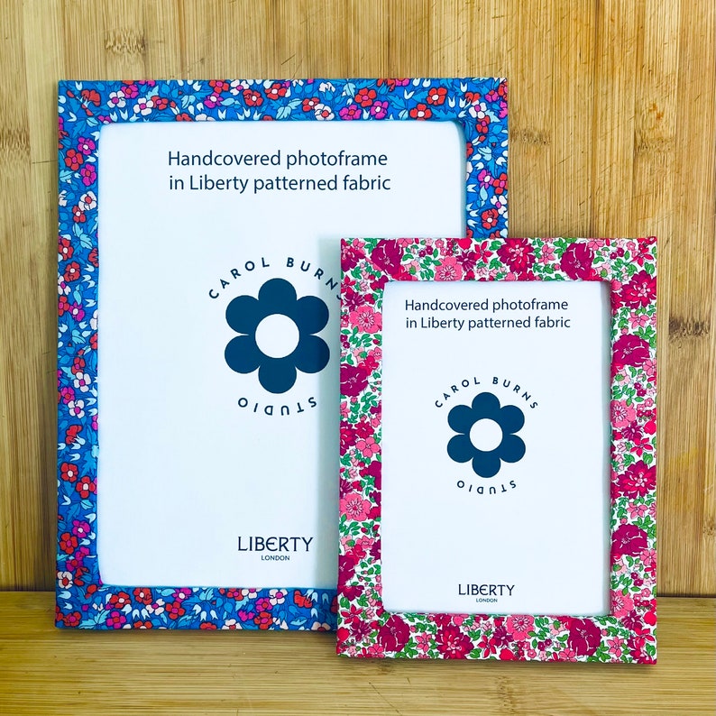 Liberty fabric photo frame in choice of patterns. Great gift in 3 sizes. Photo can be printed free. Next day dispatch giftwrapped.