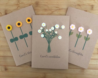 Three daisy and sunflower embellished personalised name OR for mum A5 notepads