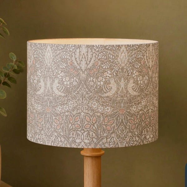 William Morris Strawberry Thief Lampshade: Silver Grey Cotton Drum (UK/EU/US)