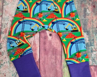 Grow with me harems, rainbows cranes and diggers trousers, leggings, unisex childrens harems, 12 months to 3yrs