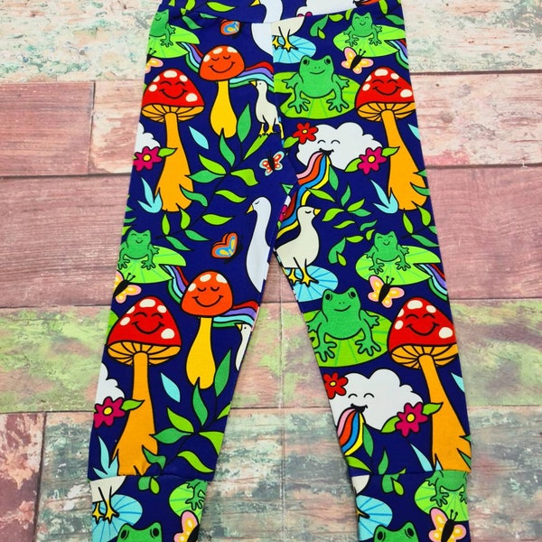 Organic baby leggings, toadstool children's leggings, unisex leggings, animal leggings, woodland, duck and frog children's leggings