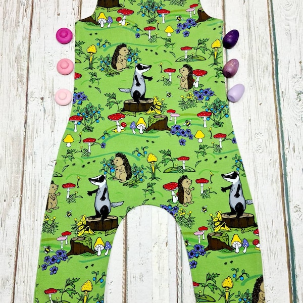 Organic baby retro Dungarees, woodland  children's over alls, organic cotton romper, baby forest dungarees