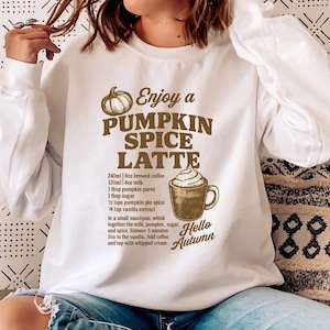Sudadera con receta de Pumpkin Spice Latte, sudadera de cuello redondo para amantes del café de otoño, regalo acogedor para baristas de otoño, jersey de temporada de calabaza