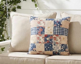 Americana Patchwork Pillow Cover, Vintage Quilt Print Cottagecore Pillowcase, Red White Blue Floral Throw Pillow, Farmhouse Home Decor
