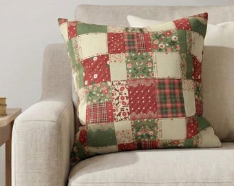 Patchwork Throw Pillow Cover | Cottagecore Quilt Style Cushion | Cozy Farmhouse Grannycore Home Decor | Printed Patchwork Pillow