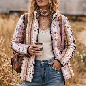 May include: A quilted puffer jacket featuring a vertical patchwork pattern in shades of mauve, brown, and cream with floral and striped motifs. The jacket has a high collar, a front zipper, and long sleeves, worn over a white thermal top and blue jeans.
