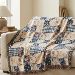 Americana Patchwork Quilt Style Blanket, Woven Cotton Jacquard Throw, Vintage Cottage Bedding, Heirloom Americana 1776 Textile