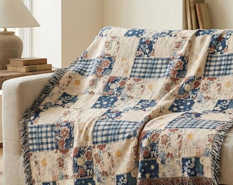 Americana Patchwork Quilt Style Blanket, Woven Cotton Jacquard Throw, Vintage Cottage Bedding, Heirloom Americana 1776 Textile