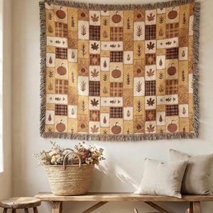 Fall Rustic Patchwork Woven Throw Blanket | Country Farmhouse Cotton Fringe Blanket | Cozy Neutral Bed or Sofa Throw | Housewarming Gift