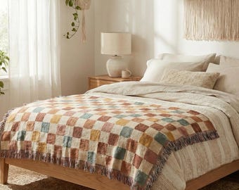 Fall Checkered Woven Blanket, Cozy Cotton Throw, Vintage Cottagecore Home Decor, Thanksgiving Hostess Gift, Housewarming Gift