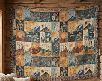 Mountain Landscape Cotton Woven Tapestry, Scenic Boho Wall Hanging, Patchwork Wall Art, Rustic Cabin Decor, Nature Lover Gift