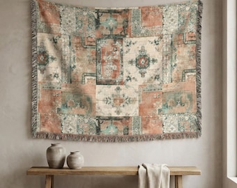 Woven Wall Tapestry, Vintage Patchwork Textile Wall Art, Neutral Boho Heirloom Decor, Rug Inspired Fabric Wall Hanging