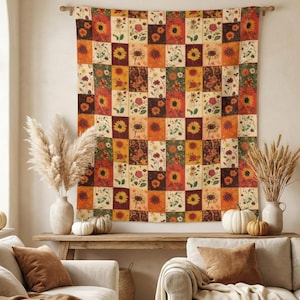 Patchwork Wandteppich mit Blumenmuster | Retro botanische Kunst, gemütliche Boho Wohnkultur, Geschenk für Gärtner & Cottage Style Häuser