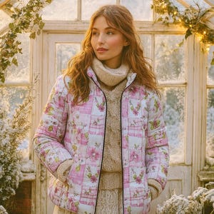 Puede incluir: Chaqueta acolchada con estampado floral en tonos rosa y blanco, con cremallera negra. Se lleva sobre un suéter beige y una falda de encaje. El fondo muestra un invernadero con plantas escarchadas y luces de hadas.