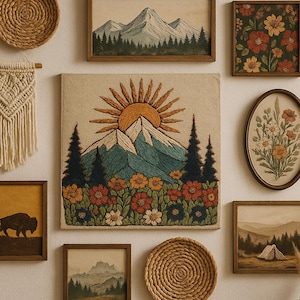 Póster mate de amanecer en la montaña, arte de pared con bordado falso, regalo de camping para excursionistas, amantes de la naturaleza y la aventura, decoración bohemia.