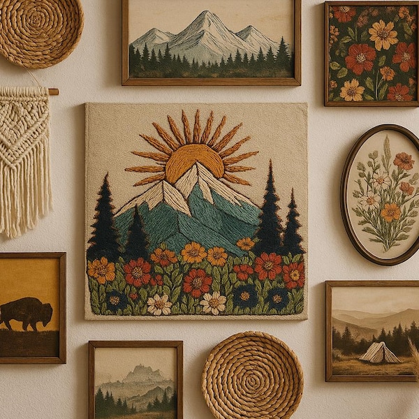 Mat postercadeau bergzonsopgang | FAUX-borduurkunst aan de muur | Kampeercadeau voor wandelaars, buitenliefhebbers, bohodecor natuur en avontuur