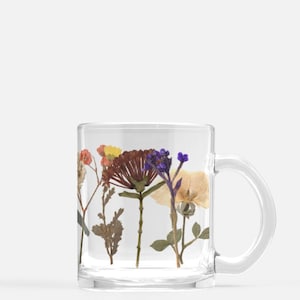 Wildflowers Cottagecore Glass Coffee Mug, Pressed Flowers Mug, Pastel Floral Nature Mug, Wildflower Tea Cup, Gift for Her
