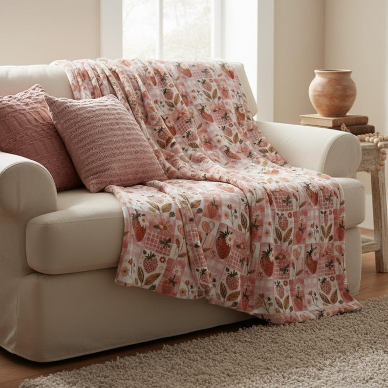 May include: A white sofa with two pink pillows and a strawberry-patterned blanket. The blanket features a repeating design of strawberries, flowers, and leaves in shades of pink, red, and brown. The sofa sits on a beige rug.