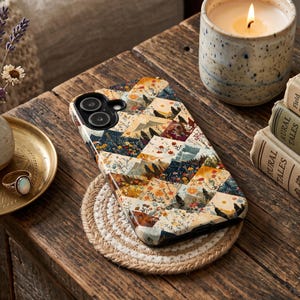 Mountain Patchwork iPhone Case, Floral Landscape Phone Cover, Boho Fall Case for iPhone 17 Pro Max 16 15 14 13, Samsung, Google Pixel