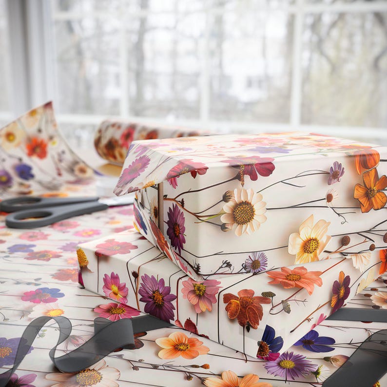 3D Effect Pressed Flower Wrapping Paper, Bridal Party Gift Wrap, Cottagecore Floral Wrap, Garden Wedding Party, Spring Gift Wrap image 2