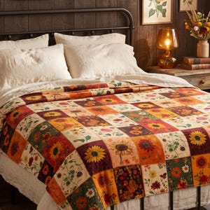 Manta de terciopelo estilo patchwork bohemio otoñal, edredón sintético estampado, manta ligera con estampado floral de girasoles, decoración acogedora para cama queen de estilo cottagecore