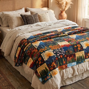 May include: A bed with a woven headboard and neutral bedding. A colourful patchwork quilt with mountain, sun, and floral designs is draped over the bed. Decorative pillows and a vase with dried flowers complete the scene.
