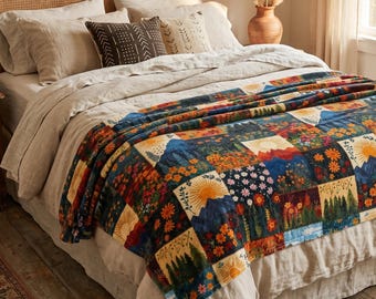 Printed Boho Mountain Patchwork Blanket Lightweight Velveteen Throw, Cottagecore Forest Tapestry, Home Decor Outdoorsy Gift