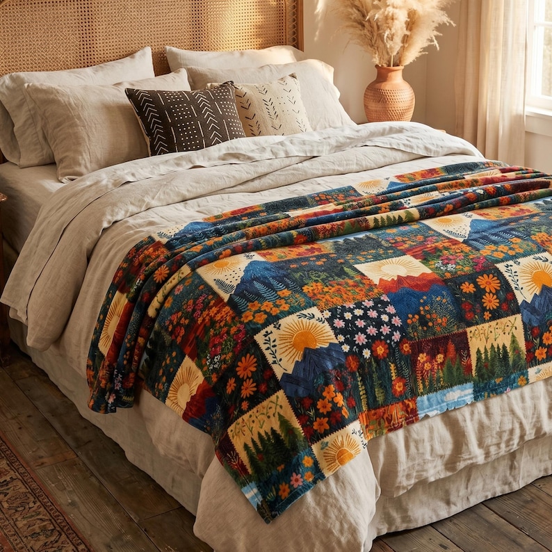 Puede incluir: Una cama con cabecero tejido y ropa de cama de color neutro. Un edred&oacute;n de patchwork colorido con dise&ntilde;os de monta&ntilde;as, sol y flores est&aacute; sobre la cama. Cojines decorativos y un jarr&oacute;n con flores secas completan la escena.