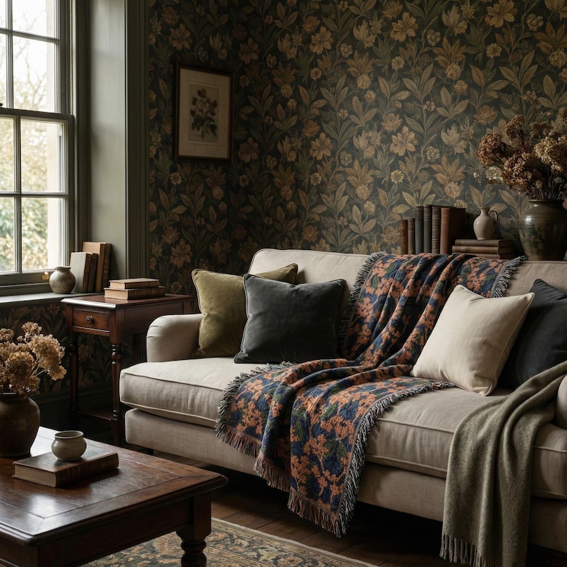 May include: A beige sofa featuring a dark blue and orange floral patterned throw blanket, accented with olive green, dark gray, and cream-colored throw pillows. The sofa is positioned against a wall with dark floral wallpaper and a wooden side table.