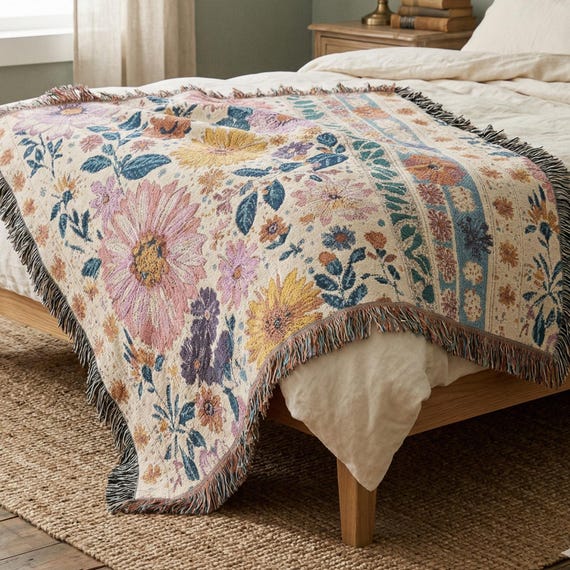 Vintage Floral Woven Blanket, Cottage Garden Throw, Botanical Cotton Blanket, Cottagecore Home Decor, Housewarming Gift for Gardener