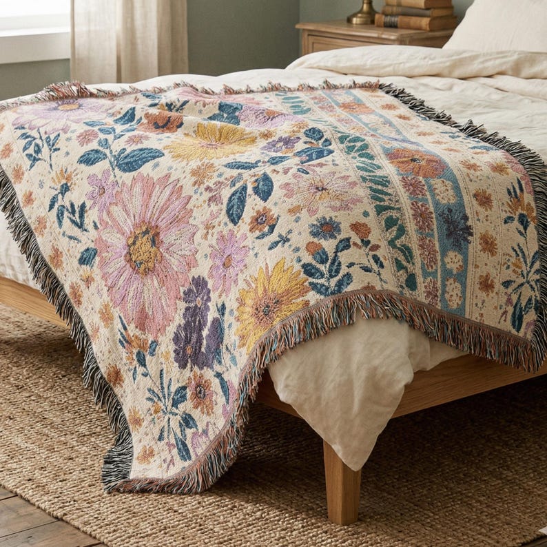 May include: A floral patterned throw blanket in cream, pink, yellow, and blue. The blanket features a large flower design with a fringed edge. The blanket is draped over a wooden bed frame and a woven rug.