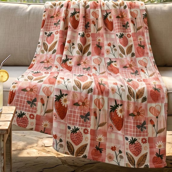 Strawberry Patchwork Velveteen Blanket, Cozy Cottagecore Throw, Lightweight Printed Quilt Blanket, Spring Easter Gift