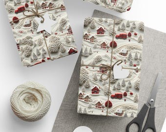 Scandinavian Winter Village Wrapping Paper Roll,Cozy Hygge Nordic Gift Wrap with 3D Effect, Snowy Red Cottages & Festive Charm Gift Wrap