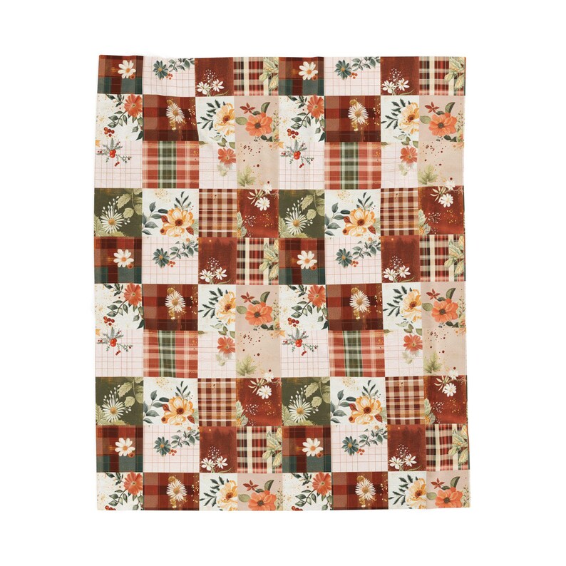 Printed Patchwork Velveteen Blanket, Lightweight Cottagecore Throw, Cozy Gift for Mom, Grandma Gift, Soft Farmhouse Decor image 8