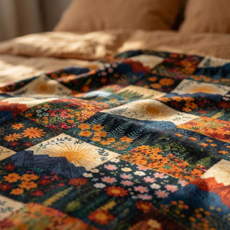Puede incluir: Un edred&oacute;n de retazos colorido con un dise&ntilde;o floral y de paisaje monta&ntilde;oso. El edred&oacute;n presenta una variedad de flores, soles y escenas de monta&ntilde;a en tonos naranja, azul y verde. El edred&oacute;n est&aacute; sobre una cama con una colcha beige.