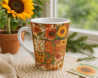 Boho Sunflower Patchwork Latte Mug |  Floral Garden Coffee Cup | Cottagecore Gift for Mom, Friend, Teacher or Coworker
