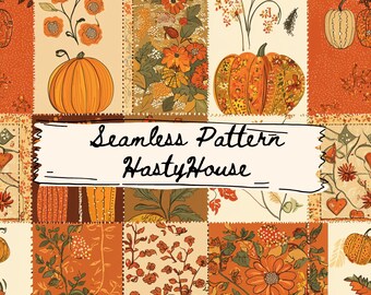 Patrón sin costuras de colcha de otoño con patchwork de calabaza de Acción de Gracias de arte popular / Descarga digital PNG / 300 DPI / Uso comercial / Sublimación y manualidades
