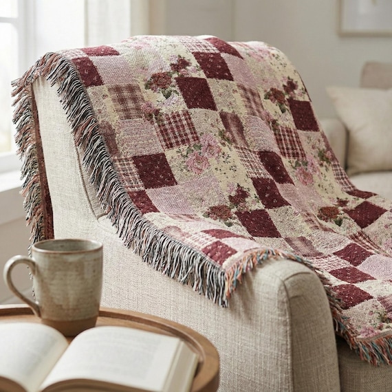 Spring Woven Cotton Patchwork Blanket, Vintage Floral Cottage Throw, Cozy Heirloom Gift for Grandma