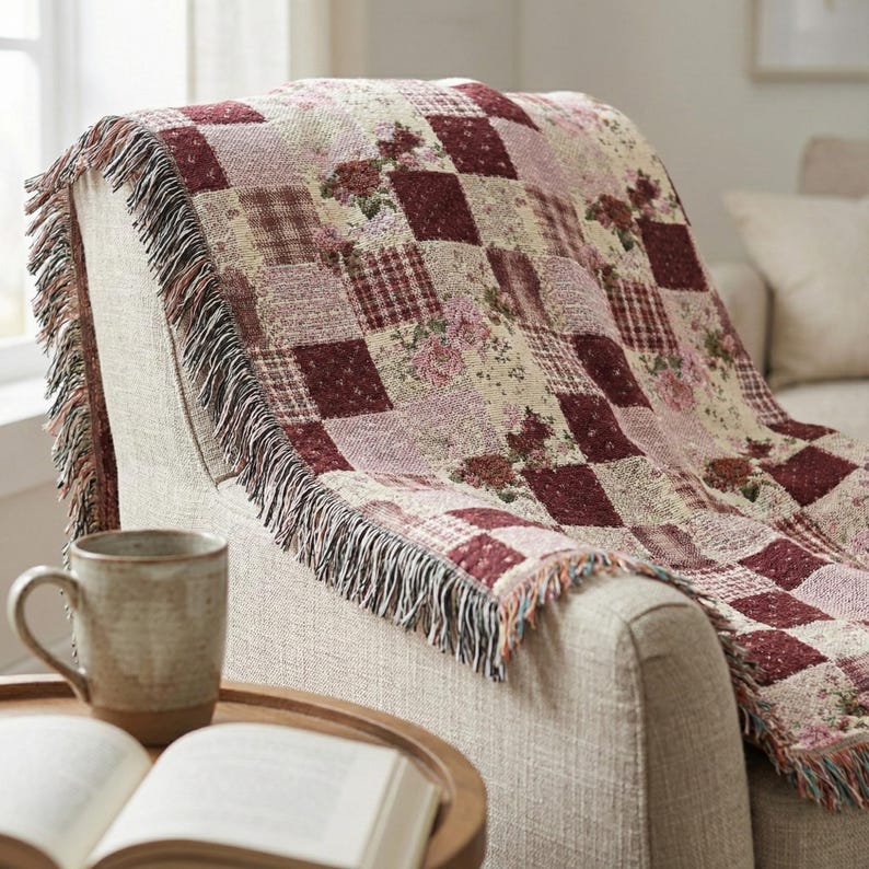 May include: A patchwork throw blanket draped over a chair. The blanket features a mix of floral and plaid patterns in burgundy, cream, and pink hues. The edges are finished with a fringe.