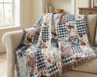 Vintage Floral Patchwork Cotton Woven Blanket | Patriotic Americana Cottage Throw | Blue Gingham Summer Quilt Style | Housewarming Gift