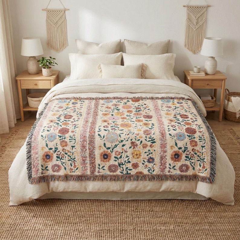 May include: A floral patterned throw blanket with a cream background and colorful flowers in shades of orange, blue, and pink. The blanket has a fringed edge and is displayed on a bed with neutral-colored bedding.